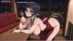 ai_generated animal_ears ass bare_shoulders bent_over black_eyes black_hair blush bracelet breasts breasts_out cityscape closed_mouth collarbone dress dress_pull earrings eyeshadow female heart heart-shaped_pupils indoors jane_doe_(zenless_zone_zero) jewelry large_breasts looking_at_viewer makeup mihoyo necklace night night_sky nipples no_bra no_panties pointy_ears red_dress restaurant short_hair smile sofaxd3x solo symbol-shaped_pupils table tail window zenless_zone_zero