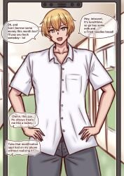 1boy ass_expansion belt blonde_hair blue_eyes breast_expansion breast_growth clothed clothing collarbone color_coded_text dialogue english_text expansion eyebrows eyebrows_visible_through_hair facing_viewer forced_transformation fully_clothed gender_transformation growth growth_drive growth_sequence hands_on_hips hip_expansion image_set looking_at_viewer male open_mouth pants school_uniform shirt short_hair speech_bubble standing text thigh_expansion transformation translated white_shirt zetsuhei_no_roran