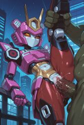 ahe_gao ahegao_expression ahegao_face ai ai_art ai_assisted ai_generated armor armored armored_female cum cum_in_pussy cum_inside fat_male female giant_female giant_male giantess green_body half-closed_eyes leg_grab leg_up male megazord metalic_skin metallic_body monster monster_cock moody_hat robot robot_girl robot_humanoid spiked_penis