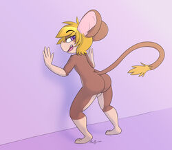 3_toes 4_fingers anthro ass backsack balls blonde_hair brown_fur fur hair kaittycat looking_back male_only mammal mouse open_mouth purple_eyes rodent toes