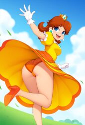 ai_generated ass bare_legs blue_eyes brown_hair energetic eyelashes female gloves grass heels high_heels huge_ass legs mario_(series) nintendo orange_heels orange_high_heels orange_panties panties princess princess_daisy sassy sexy sky smile tomboy yellow_dress young young_female