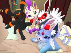 :3 ambiguous_fluids ambiguous_gender bed bedroom bedroom_eyes bedroom_sex bite bodily_fluids claws collaborative collaborative_handjob collaborative_sex cum cum_on_fur cum_on_paw cute_fangs dahlia_(suni&felix) dominant door ear_bite eevee eeveelution espeon eyewear fakemon fangs felixguara female feral fingering fivesome forehead_gem furniture gem generation_1_pokemon generation_2_pokemon generation_4_pokemon genital_fluids glasses group group_sex handjob hang_in_there hi_res hoop horn human human_on_feral interspecies jolteon laugh laughing_at_another leafeon licking licking_lips looking_at_another male male/female mammal missy_(suni&felix) narrowed_eyes nintendo penile pokemon pokemon_(species) poster seductive sex suni'ave_(artist) teamwork teeth tongue tongue_out umbreon wardrobe zoophilia