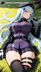 1girls 2025 ai_assisted ai_generated anime artist_name bangs beret black_legwear blunt_bangs blush breast breasts bust chest explicit eyebrows_visible_through_hair facial_mark female field girls'_frontline gloves grass green_eyes gun h&k_hk416 hair_ornament hat hi_res high_quality high_resolution highres hk416_(girls'_frontline) jacket laying_down long_hair lying lying_on_back on_back on_grass outdoors patreon patreon_username plaid plaid_skirt rifle silver_hair skirt skypassion solo stable_diffusion teardrop thighhighs thighs very_long_hair watermark weapon