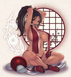 arms_behind_head breasts fan fatal_fury king_of_fighters mai_shiranui mouth_hold sethxzoe sitting_cross_legged snk solo tagme
