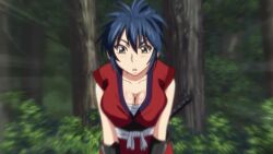 16:9_aspect_ratio animated bandages blue_hair blush breasts cleavage clothing female hd hd_(traditional) hoods_entertainment kimono large_breasts large_filesize manyuu_chifusa manyuu_hikenchou outdoors ponytail robe screen_capture sword takagi_jun tied_hair traditional_clothes wafuku weapon yellow_eyes