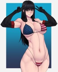 1girls american_flag american_flag_bikini black_hair chainsaw_man demon demon_girl devil devil_girl double_peace_sign double_v female heroine japanese_female light-skinned_female limn limn044 mitaka_asa peace_sign ringed_eyes scar scar_on_face spiral_eyes v_sign yoru_(chainsaw_man)