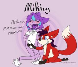 anthro balls blue_hair blush canine closed_eyes collar english_text erection feline fox fur hair humanoid_penis hypnosis interspecies kaitty kaittycat kneeling male male_only mammal mind_control open_mouth penis purple_fur purple_hair red_fur standing text uncut white_fur