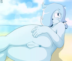 anthro anus aqualine ass beach bedroom_eyes black_nose blue_hair blue_skin blush bzeh cloud color eyelashes fan_character female hair half-closed_eyes hand_on_ass long_hair looking_at_viewer lying nude presenting presenting_anus presenting_hindquarters presenting_pussy pussy seaside seductive sky smile solo water