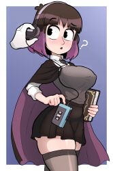 1other :o ? bangs black_cape black_clothes black_eyes black_legwear black_necktie black_neckwear black_skirt black_thighhighs blunt_bangs blush bob_cut book breasts brown_hair cape clothing collared_shirt covered_erect_nipples disembodied disembodied_limb erect_nipples_under_clothes female goth_girl gradient_hair headphones headwear high_resolution hilda_(series) holding holding_book holding_object kaisa_(hilda) large_breasts legwear long_sleeves looking_at_viewer looking_to_the_side multicolored_hair necktie neckwear phone pleated_skirt purple_hair rukisan shirt shirt_tucked_in short_hair skindentation skirt solo solo_focus standing thick_thighs thighhighs thighs white_shirt wing_collar zettai_ryouiki