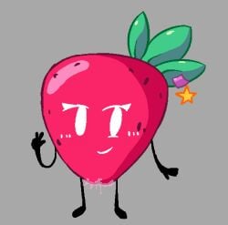 1girls 2025 animate_inanimate artist_self-insert artist_upload berri_(cosmichannah) blush cosmichannah leaking_pussy looking_at_viewer object object_shows pussy self_upload simple_background smile star strawberry v_sign