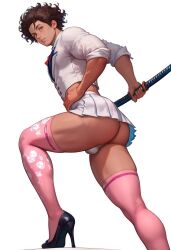 ai_generated ass big_ass big_butt black_footwear black_high_heels boy brown_hair bubble_ass bubble_butt bulge crossdressing hand_on_hip hazel_eyes heels high_heels holding_object holding_weapon katana legwear looking_at_viewer looking_back male miniskirt nylons panties panty_bulge pattern_legwear pink_thighhighs pleated_skirt plump_ass round_ass round_butt sheath shirt side_view skirt sleeves_rolled_up stockings sword tallcallipygian tcallipygian thick_thighs thighhighs thighs underwear white_panties white_shirt white_skirt white_thong