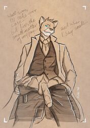 1boy 2016 anthro balls clothed clothing cougar english_text feline fur humanoid_penis looking_at_viewer male male_only mammal pencil_(artwork) penis simple_background smile solo text tolbi traditional_media_(artwork) trenchcoat uncut