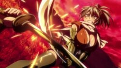 16:9_aspect_ratio 2girls angry arm_guards black_hair breasts brown_eyes cleavage clothing curvaceous duel female fighting frown grass high_resolution hoods_entertainment katana large_breasts legs legwear manyuu_chifusa manyuu_hikenchou multiple_girls outdoors ponytail red sarashi scarf screen_capture sparks sword takagi_jun teeth thighhighs thighs tied_hair traditional_clothes wafuku weapon