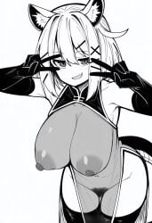 :d alternate_costume animal_ear_fluff animal_ears arknights arms_up bare_shoulders blush breasts china_dress chinese_clothes cleavage commentary_request cowboy_shot dot_nose double_v dress elbow_gloves female female_pubic_hair gloves greyscale groin hair_between_eyes hair_ornament hairclip highres large_breasts leaning leaning_forward looking_at_viewer makigirisu monochrome navel nipples oerba_yun_fang open_mouth pelvic_curtain pubic_hair see-through_clothes see-through_dress short_hair side_slit simple_background skin_fang sleeveless sleeveless_dress smile solo standing tail thigh_gap thighhighs utage_(arknights) v v_over_eye white_background x_hair_ornament