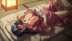 16:9_aspect_ratio blush breasts cleavage clothing female futon high_resolution huge_breasts kimono lantern manyuu_chifusa manyuu_hikenchou robe shiny shiny_skin sleeping traditional_clothes wafuku