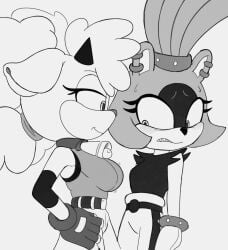 2girls anthro artist_request big_breasts blue_eyes blush breast_envy breast_size_difference caprine cowbell female female_only furry furry_only lanolin_the_sheep mobian_(species) nervous sega sheep sheep_ears sheep_girl sheep_horns shy smug_face sonic_(series) sonic_the_hedgehog_(idw) surge_the_tenrec sweat tenrec white_fur yuri