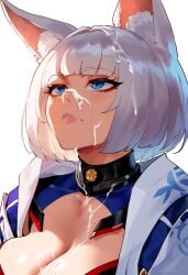 ai_generated azur_lane blue_eyes cum cum_on_face female kaga_(azur_lane) looking_up novelai sakura_empire_(azur_lane) unimpressed white_hair