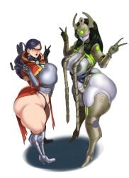 2girls adeptus_mechanicus annoyed ass ass_focus big_ass big_butt built-in_high_heels cyborg dress eyeshadow fat_ass female female_only green_eyes huge_ass hyper_ass imperium_of_man large_ass looking_at_viewer mechanical_tentacles monster_girl multiple_girls necron nightmare_waifu robe robot robot_girl robot_humanoid sunnysundown techpriest thick_ass thick_thighs thighs thought_bubble warhammer_(franchise) warhammer_40k white_background wide_hips