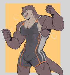 anime_style anthro big_pecs bodily_fluids brown_body brown_fur bulge cheering clothing flexing flexing_bicep flexing_both_biceps flexing_muscles fur male male_only mammal muscular musk mustelid otter p0sporo pecs simple_background solo sweat wet wet_clothing wrestler wrestling_singlet