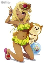 1girls armpits bare_arms bare_belly bare_shoulders bare_thighs belly_button bikini blonde_hair blush bracelet breasts brown_skin dark-skinned_female dark_skin feet gyaru hair_ornament kuga_reimi megami_magazine mouth_closed official_art one_eye_closed painted_toenails peace_sign purple_eyes sandals shuumatsu_train_doko_e_iku? simple_background smile thighs toeless_footwear toenail_polish toes white_background