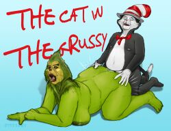 absurd_res anthro anthro_on_anthro areola ass band1tnsfw big_areola big_breasts big_butt black_body black_fur bow_tie breasts closed_eyes clothing cross-eyed digital_drawing_(artwork) digital_media_(artwork) dr_seuss duo female female_anthro fur gloves green_body green_fur grinch hand_on_butt handwear hat headgear headwear hi_res how_the_grinch_stole_christmas jim_carrey lips lipstick makeup male male/female male_anthro mike_myers nipples nude nude_anthro nude_female nude_male overweight overweight_female overweight_male portrait red_clothing red_lipstick sex simple_background tail text the_cat_in_the_hat the_cat_in_the_hat_(character) thick_lips thick_thighs whiskers white_clothing white_gloves white_handwear wtf