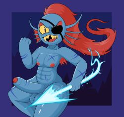 abs anthro balls blue_body blue_skin eye_patch eyewear fish ftm_crossgender genderswap_(ftm) genitals hair hi_res male marine melee_weapon nipples penis polearm poraka7 red_hair rule_63 scar solo spear thick_thighs undertale_(series) undyne weapon