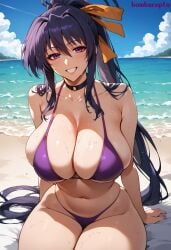 1girls ai_generated akeno_himejima antenna_hair beach big_breasts bikini bombacopta breasts choker cleavage cleavage_overflow girls grin hair_ribbon high_school_dxd huge_breasts ocean ponytail purple_bikini purple_eyes ribbon sand sitting sweat thick thick_thighs underboob