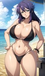 ai_generated beach belly belly_button bikini bikini_bottom bikini_top breasts breasts_out eyebrows eyelashes female female_focus female_only furrowed_brow green_eyes hip hip_grab hips huge_breasts kangoku_senkan large_breasts lieri_bishop light-skinned_female light_skin lilith-soft lips lipstick looking_at_viewer milf nipples nipples_visible_through_clothing ocean pose purple_hair rieri_bishop sand shiny_skin slim slim_waist smirk solo solo_female solo_focus stable_diffusion taimanin_(series) thick thick_legs thick_thighs thighs thong thong_bikini tree voluptuous voluptuous_female waist