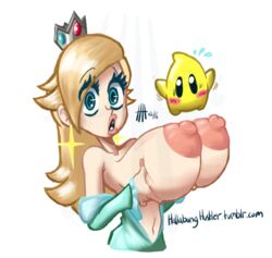 1girls 1other 2016 areola black_eyes blonde_hair blue_eyes blush breast_grab breast_lift breasts crown dress dress_pull ear_piercing eyelashes female female_focus floating flying_sweatdrops hallabong_hustler huge_breasts huge_nipples human lipstick long_hair looking_at_viewer luma mario_(series) nintendo nipples open_dress open_mouth pink_lipstick princess_rosalina puffy_nipples signature simple_background surprised sweat thick_lips video_games white_background wide_eyed