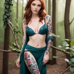 ai_generated dress green_eyes ivy_(lust_goddess) jungle lust_goddess red_hair tattoo tingelerdick