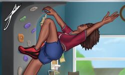 1girls 2d 2d_(artwork) blue_shorts breasts brown_hair climbing climbing_wall clothed clothing curly_hair dark-skinned_female dark_skin digital_drawing_(artwork) digital_media_(artwork) female female_focus female_only gym_shorts joakadraws medium_breasts rhonda_(summertime_saga) rock_climbing room shirt shorts solo solo_focus summertime_saga teenage_girl teenager watermark