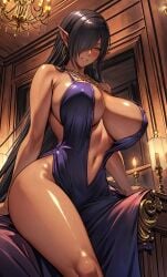 1girls ai_generated areolae_visible_through_clothing belly_button big_breasts blush breasts clevage collar curvaceous dark-skinned_female dark_elf dark_skin dress earrings ebony elf elf_female female female_focus female_only huge_breasts jewelry kuroinu_~kedakaki_seijo_wa_hakudaku_ni_somaru~ lamp long_hair looking_at_viewer luxury mirror olga_discordia one_eye_covered pointed_ears purple_dress red_eyes seductive_smile shiny_skin shiromi_ai skimpy skimpy_dress smile solo supporting_hands tagme thick_thighs thighs very_long_hair voluptuous voluptuous_female