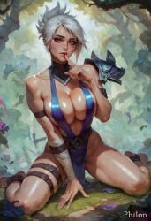 1girls ai_generated arm_wrap armor bandaged_arm bandages bare_shoulders barefoot belt blush breasts brown_eyes cleavage finger_to_mouth folded_ponytail forest large_breasts league_of_legends lips looking_at_viewer nature outdoors pauldrons pelvic_curtain philon revealing_clothes riven short_hair shoulder_armor single_pauldron sitting solo stable_diffusion sweat thigh_strap wariza wet white_hair