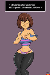 1girls brown_hair closed_eyes clothes determination dialogue drunkengeneral flirting frisk hair panties shiny shiny_skin smile striptease thong undertale underwear undressing