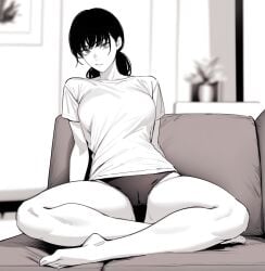 1girls ai_generated black_panties chainsaw_man mitaka_asa monochrome panties shirt_and_panties solo underwear