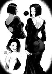 1girls back_view big_ass black_and_white black_hair breasts dialogue dress implied_sex itadori_kaori jujutsu_kaisen kenjaku masoq095 panting possession short_hair side_view simple_background stitches sweat thick_thighs tongue