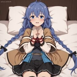 ahoge ai_generated bangs bed bed_sheet bereft black_bow black_skirt blue_eyes blue_hair blush bondage bound bound_wrists bow braid capelet cowboy_shot demon_girl female hair_between_eyes hairbow indoors long_hair long_sleeves looking_at_viewer lying mushoku_tensei on_back on_bed open_mouth pillow pleated_skirt restrained rope rope_bondage roxy_migurdia shirt skirt solo stable_diffusion teeth thighhighs twin_braids twintails very_long_hair watermark zettai_ryouiki