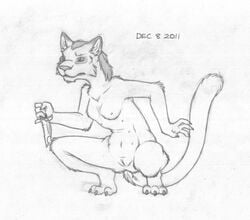 2011 anthro barefoot breasts crouching feline female front_view greyscale holding_object holding_weapon khajiit knife long_tail looking_away mammal mizzyam monochrome multi_nipple nipples nude pencil_(artwork) pussy skyrim solo spread_legs spreading the_elder_scrolls traditional_media_(artwork) video_games weapon