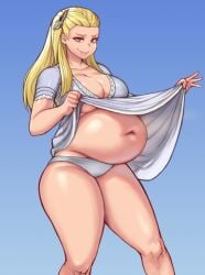 bbw belly_overhang big_belly big_female blonde_hair blush blush chubby chubby_female embarrassed fat fat_ass fat_female fat_fetish fat_girl fat_woman fatty kipteitei large_female louisa_ferre megami_tensei obese obese_female overweight overweight_female pig plump pork_chop shin_megami_tensei shin_megami_tensei:_strange_journey showing_off_belly thick_thighs tubby weight_gain