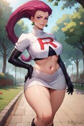 ai_generated big_breasts cleft_of_venus curvy ditzyluna hip_dips jessie_(pokemon) long_hair midriff nintendo perfect_body pink_hair pokemon pokemon_(anime) pokemon_rgby skimpy_clothes skindentation skirt team_rocket thick_thighs