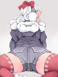 1boy ass coat femboy from_behind indie_virtual_youtuber long_hair looking_back red_thighhighs short_jeans shorts spread_legs taigaxholic thighhighs virtual_youtuber vtuber white_hair