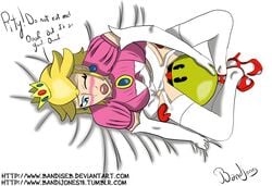 1girls bandijones bed bed_sheet blonde_hair blue_eyes clothed crossover cunnilingus dress female gloves hair heels high_heels lying mario_(series) nintendo on_back oral orgasm pac-man pac-man_(series) princess_peach sheet_grab stockings suspenders