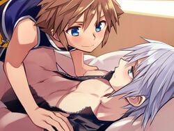 2boys blush bottomless esto_(20motoko) gay kingdom_hearts male_only multiple_boys muscle riku sora straddling undressing yaoi