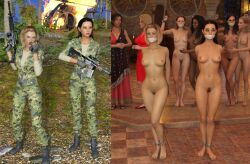 3d 6+girls 8girls army_girl army_uniform before_and_after blonde_hair bound_ankles cloth_gag clothed_female_nude_female gag gagged getyourclothesoff multiple_girls nude nude_female original