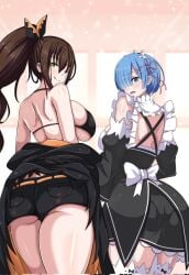 2girls ass ayannon_yumme back bangs bare_shoulders bikini black_ribbon black_shorts blue_eyes blue_hair blush breasts brown_hair clothing detached_sleeves female frills from_behind green_eyes hair_ornament hair_over_one_eye hair_ribbon high_ponytail huge_ass jacket large_breasts legwear licking_lips long_hair looking_at_viewer looking_back maid maid_headdress multiple_girls off_shoulder one_eye_closed open_mouth pink_ribbon ponytail re:zero_kara_hajimeru_isekai_seikatsu rem_(re:zero) ribbon ribbon-trimmed_clothes ribbon-trimmed_legwear ribbon_trim roswaal_mansion_maid_uniform shaula_(re:zero) short_hair short_shorts shorts sideboob smile swimsuit thick_thighs thighhighs thighs tied_hair tongue tongue_out underbutt x_hair_ornament