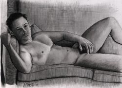 birthday_suit davitaru gay gay_male hand_drawn hand_over_crotch handdrawn handdrawn_art laying_on_sofa male male_only muscular_male naked naked_male naked_man nude nude_male pencil pencil_(artwork) pencil_sketch self_upload sketches_by_adab