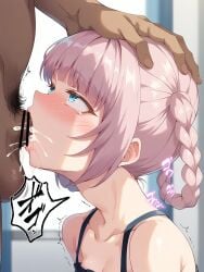 ai_generated blowjob blue_eyes braided_hair call_of_the_night censored censored_penis cum cum_inside dark-skinned_male dark_skin deepthroat dosukebeai hair_bun light-skinned_female light_skin nanakusa_nazuna penis pink_hair pubic_hair smaller_male vampire_girl yofukashi_no_uta