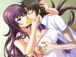 black_rainbow breasts breasts_grab brown_hair game_cg gitai_saimin kasuga_reina large_breasts long_hair naked_apron purple_eyes purple_hair