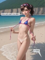 ai_generated beach bikini brown_hair d.va day earrings eyes eyewear facial female flower_in_hair jewelry looking mark markings navel necklace no_panties outdoors overwatch overwatch_2 piercing pussy ribs solo standing sunglasses swimsuit tan tanlines whisker_markings xsfmworks