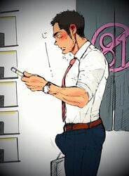 1boy ass bara belt black_hair blush boner bulge butt clothed erect erect_penis erection erection_under_clothes human human_only icebanon japanese_text male male_focus male_only muscles necktie red_necktie red_tie rolled_up_sleeves salaryman shirt sleeves_rolled_up solo solo_male suit suit_pants tagme tarutoru text tie white_shirt wristwatch